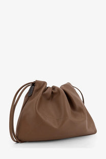 Brunello Cucinelli women’s grey leather shoulder bag with brown leather drawstring clutch and subtle stitching details