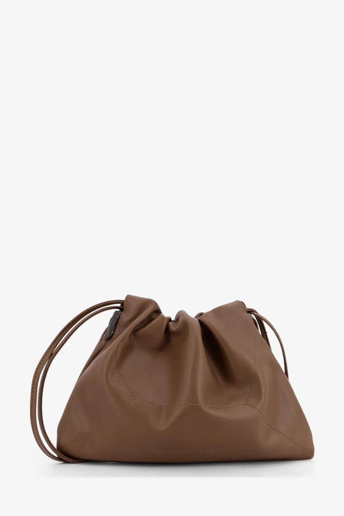 Brown drawstring bag with sleek minimalist design and subtle stitching details from brunello cucinelli women’s bc duo leather shoulder bag gray