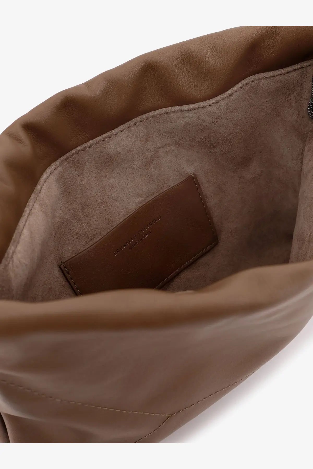 Brunello Cucinelli women’s BC duo brown leather crossbody bag with suede interior and matching leather brand patch