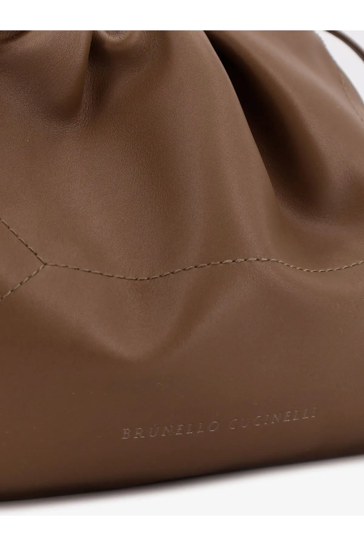 Brunello Cucinelli women’s BC Duo leather shoulder bag in soft matte brown with drawstring and minimalist design
