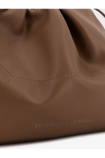 Brunello Cucinelli women’s BC Duo leather shoulder bag in soft matte brown with drawstring and minimalist design