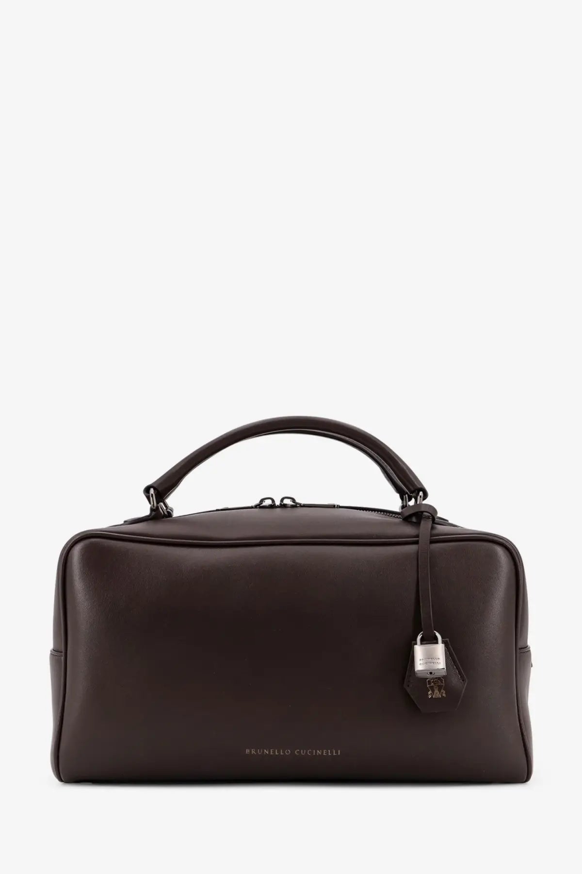 Dark brown leather Brunello Cucinelli women’s Boston Explorer crossbody bag with top handle and silver padlock charm