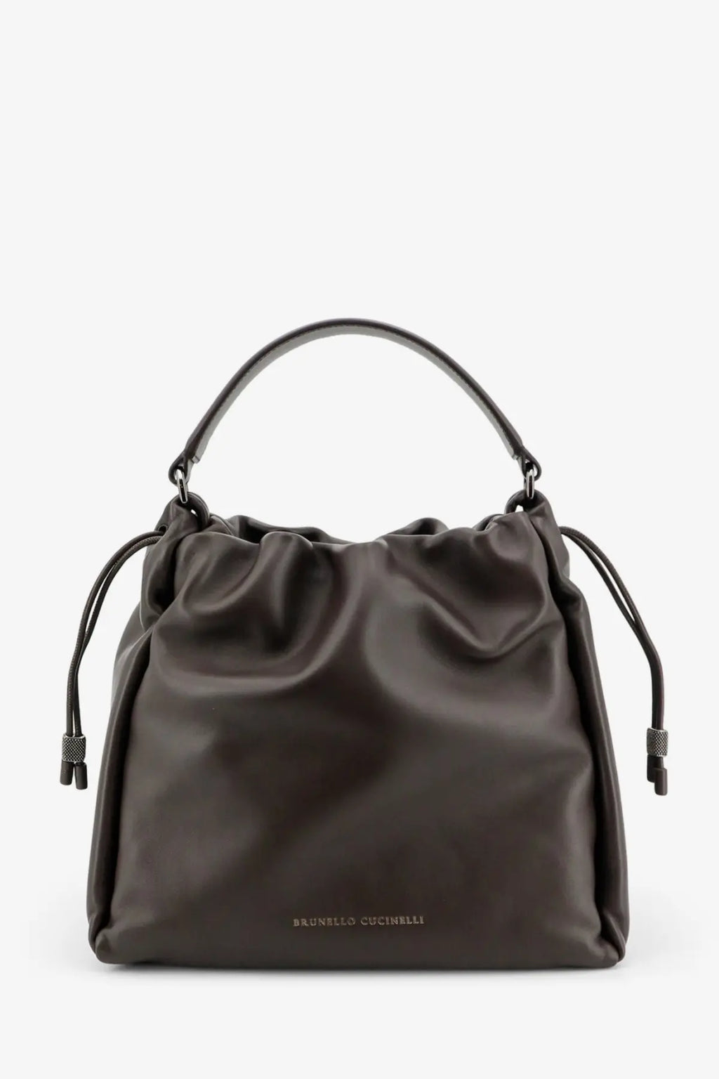 Brunello Cucinelli women’s bucket bag in dark gray satin with drawstring closure and black leather handles