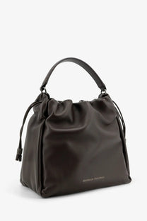 Brunello Cucinelli women’s dark brown leather bucket bag with drawstring closure and top handle gold hardware