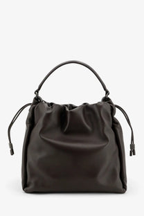 Brunello Cucinelli women’s black bucket bag in mellow leather with gold accents and minimalist drawstring design
