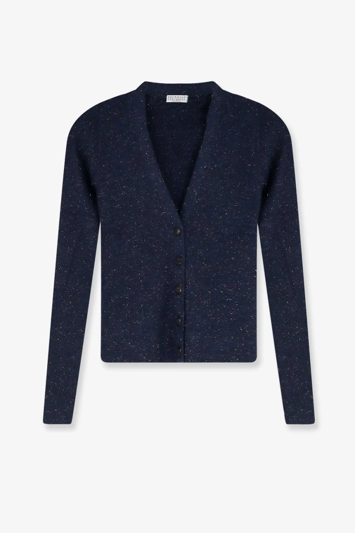 Brunello Cucinelli women’s navy blue cardigan with subtle speckled texture v-neck made of cashmere and viscose blend