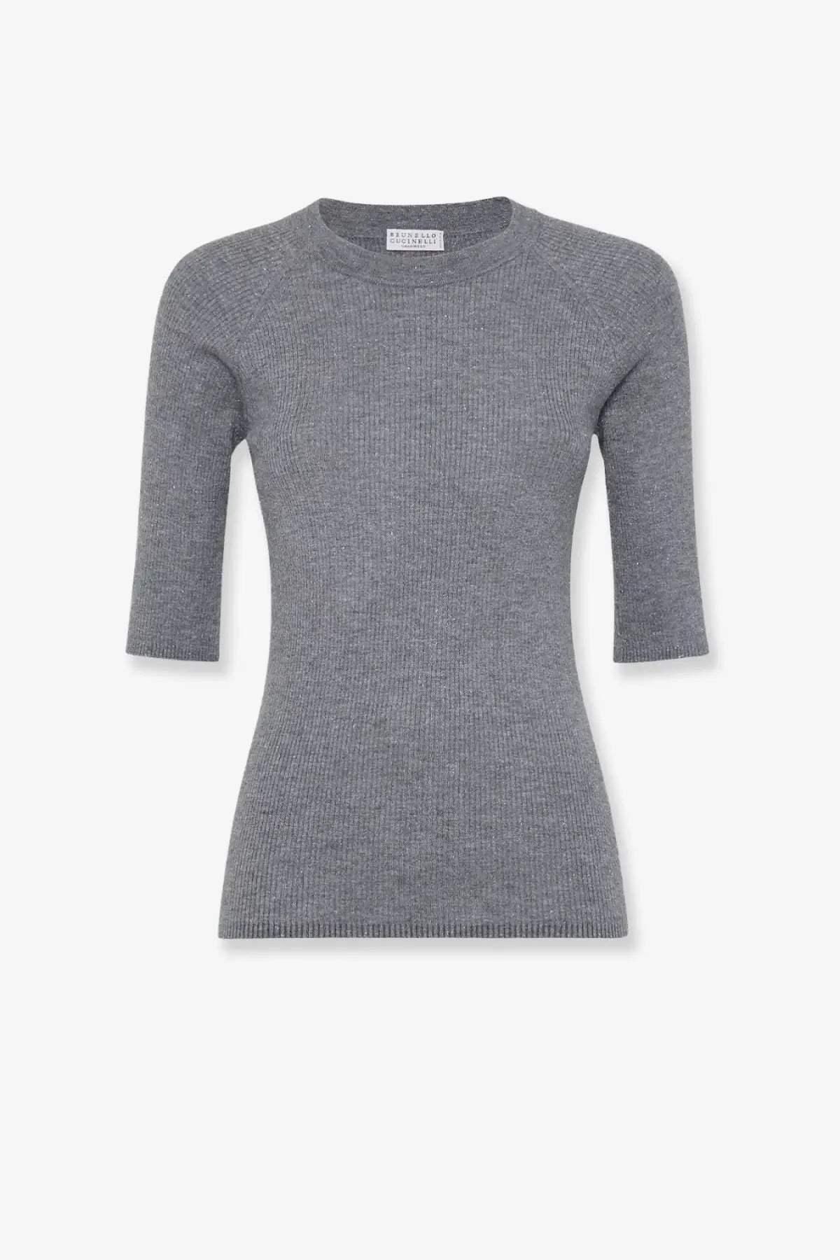 Gray ribbed knit brunello cucinelli women’s sweater with three quarter sleeves round neckline cashmere viscose blend