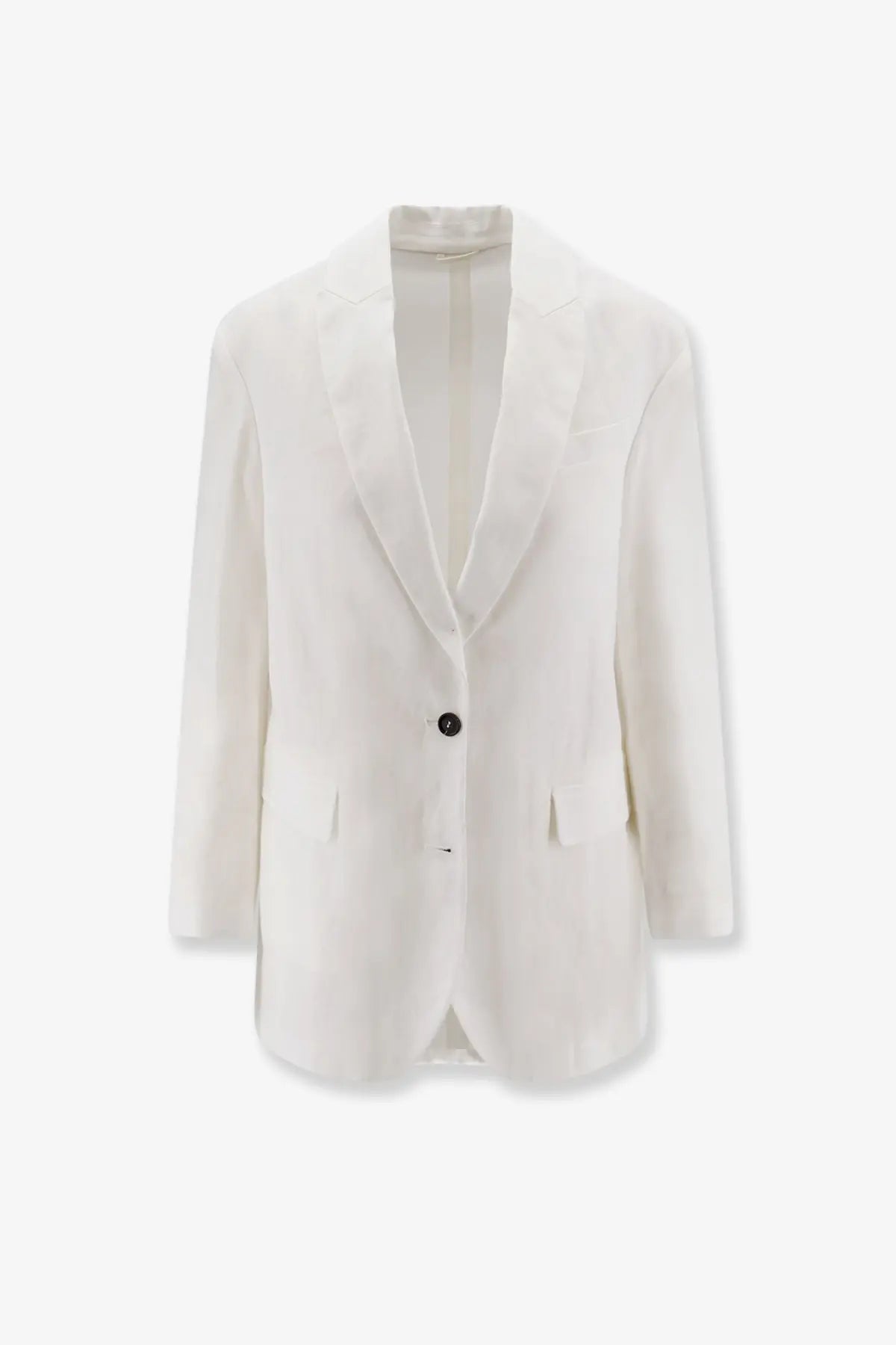 Brunello Cucinelli women’s white cotton blazer with a crisp single black button and classic notched lapels