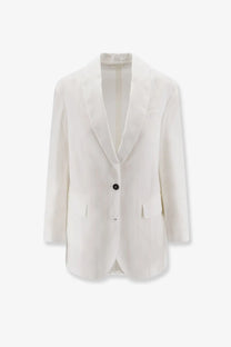 Brunello Cucinelli women’s white cotton blazer with a single black button and classic notched lapels