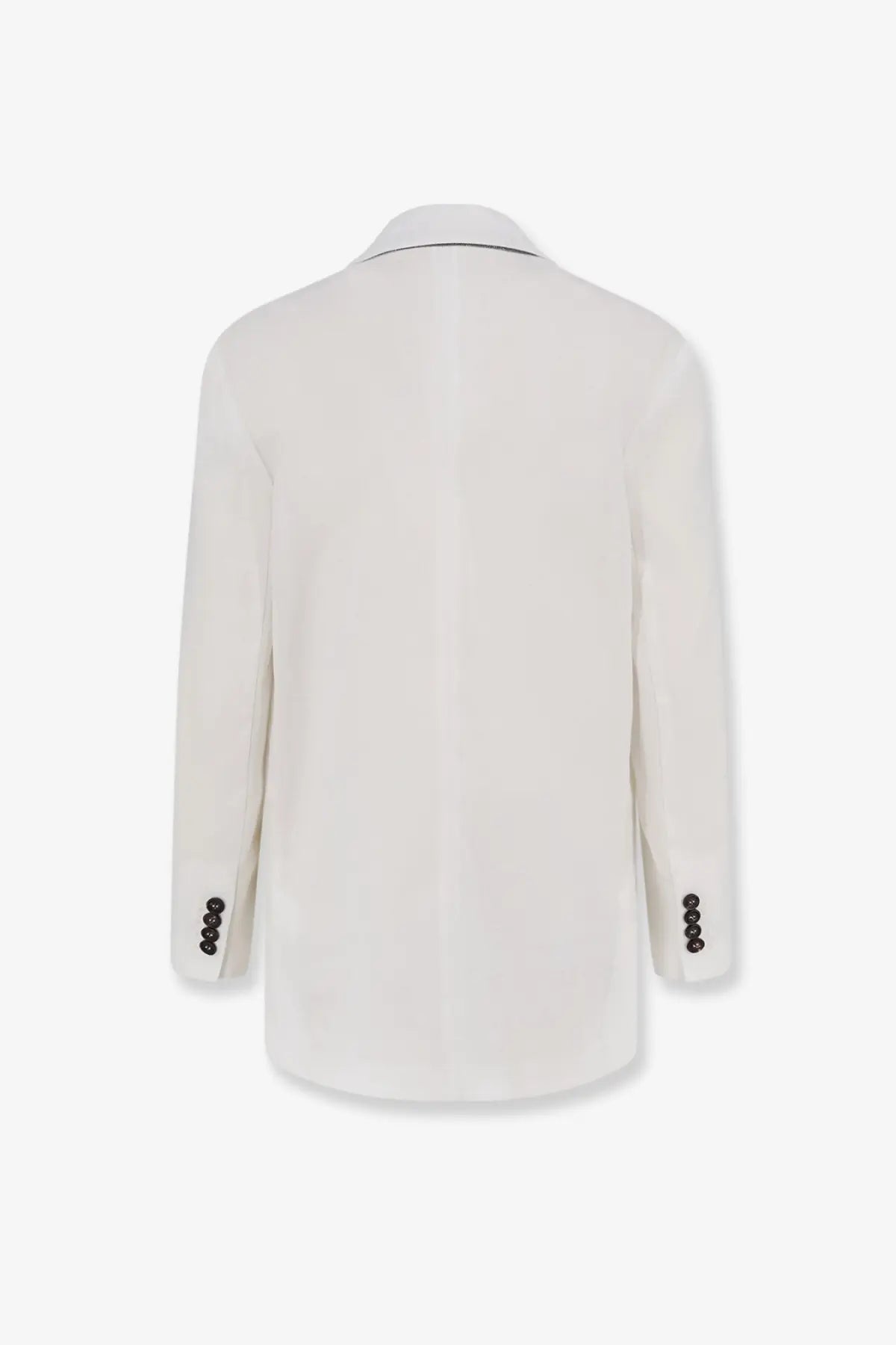 Brunello Cucinelli women’s white cotton blazer with subtle black trim and four-buttoned sleeves