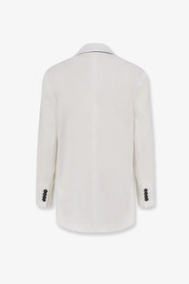 Brunello Cucinelli women’s white cotton blazer with subtle black trim and four-buttoned sleeves