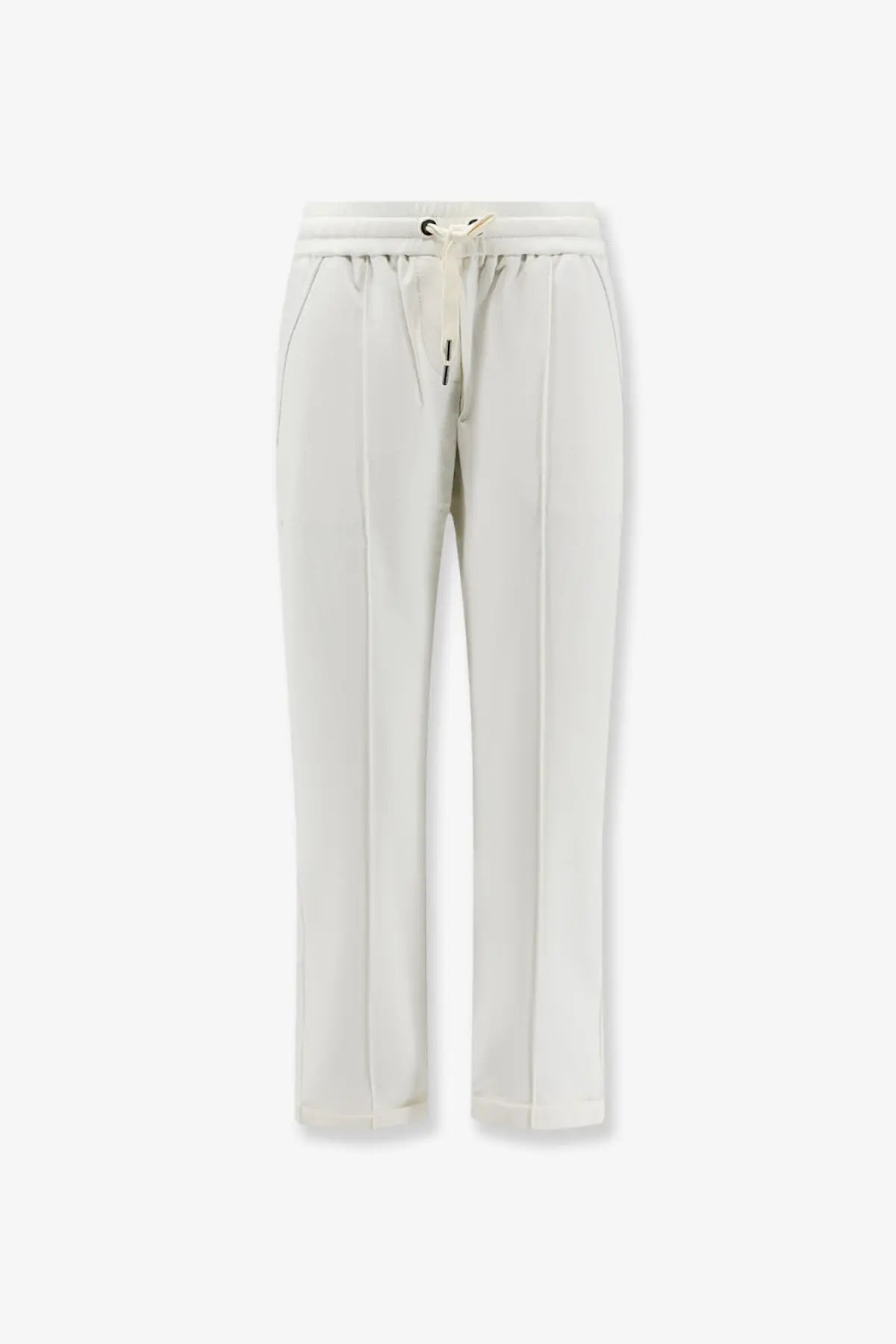 Brunello Cucinelli women’s cream cotton blend jogging trousers with straight legs drawstring waistband and side seam pleats