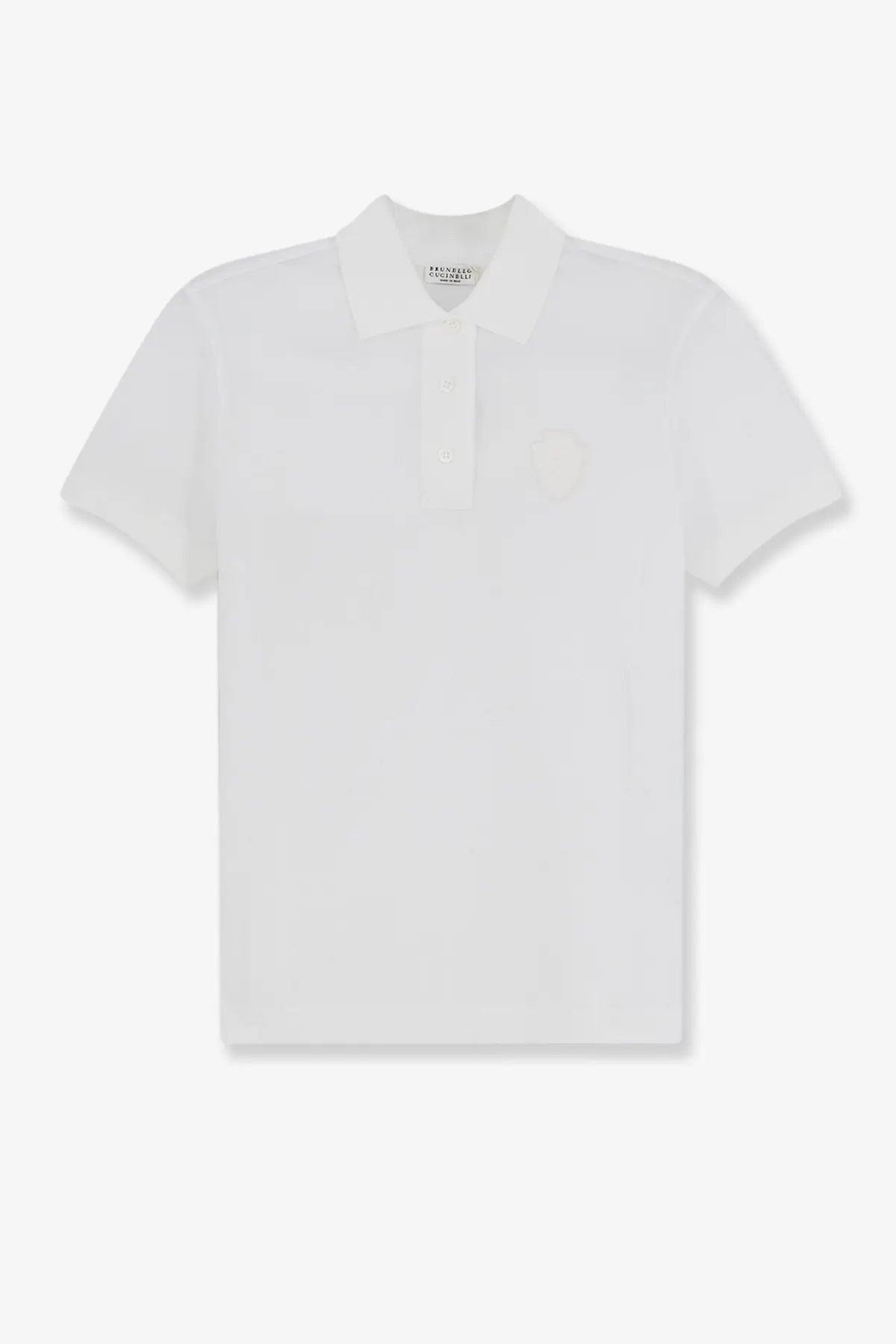 Brunello Cucinelli women’s white cotton blend polo shirt with subtle embroidered chest logo and branded collar label