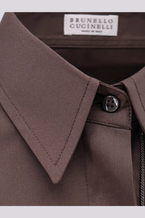 Brunello cucinelli women’s brown cotton blend shirt collar with black button and neat stitching detail