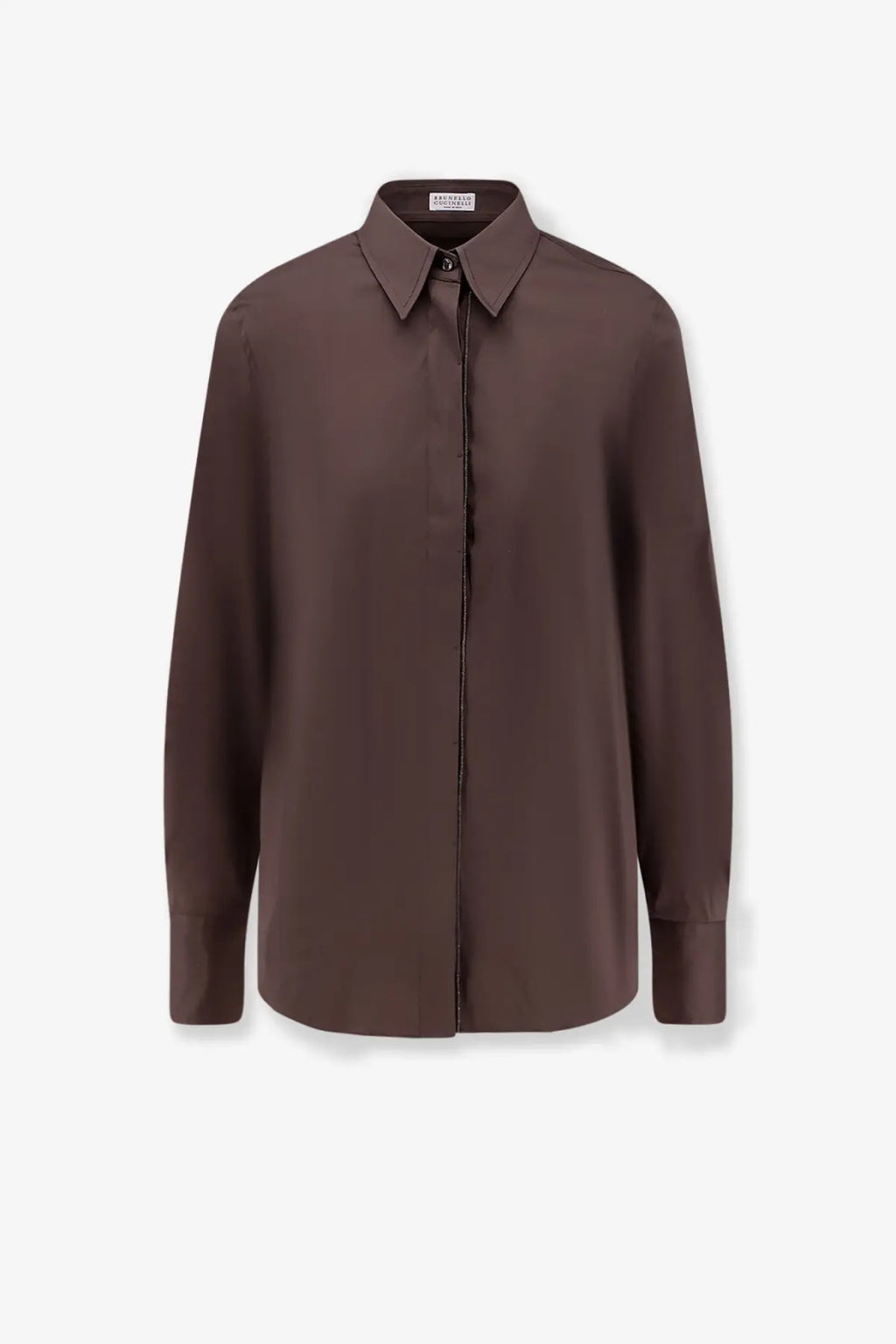 Brunello cucinelli women’s brown silk blouse with classic collar and long sleeves in a sleek cotton blend design