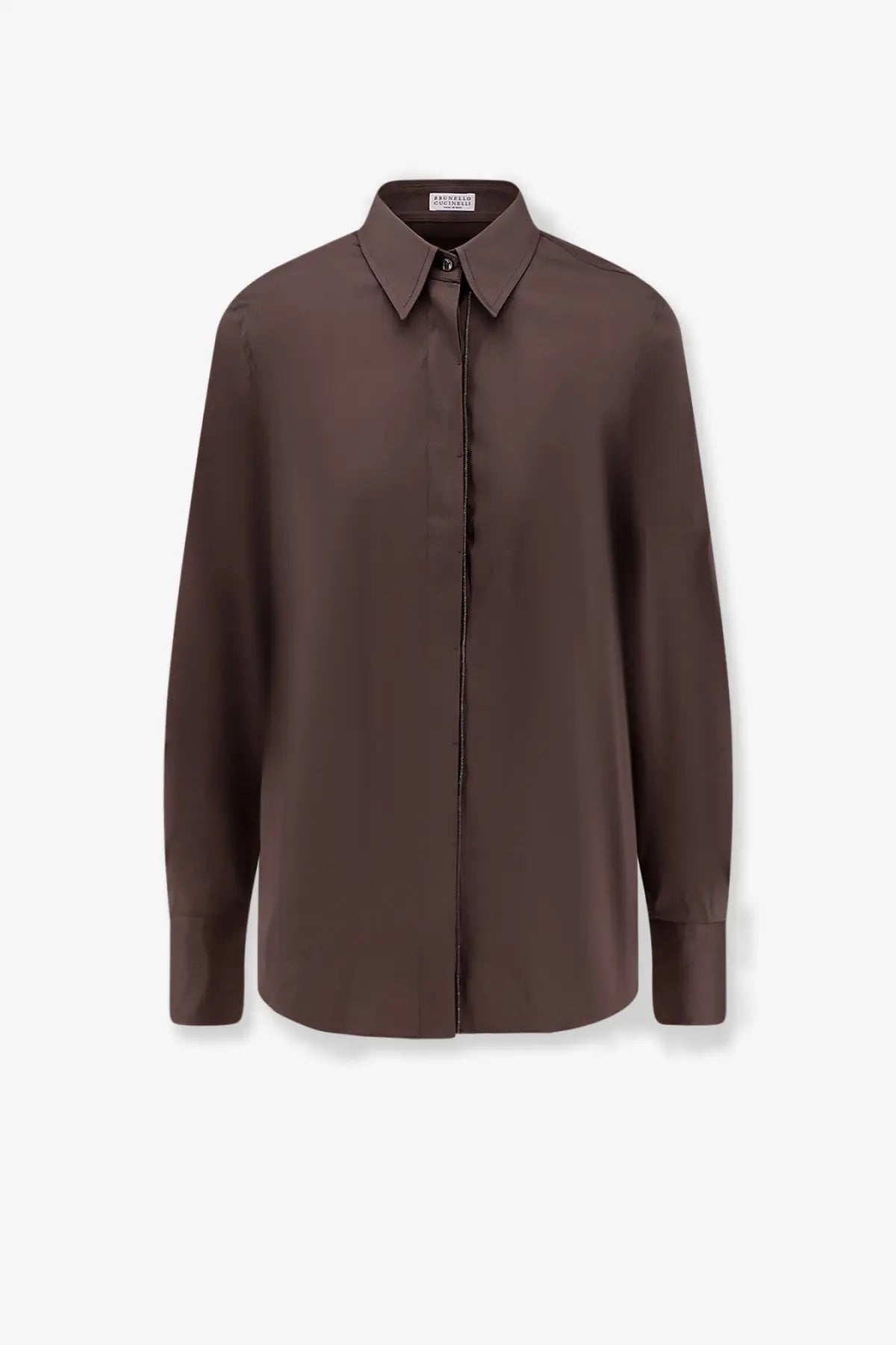 Brunello cucinelli women’s brown silk blouse with classic collar and long sleeves in a sleek cotton blend design