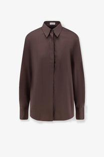 Brunello cucinelli women’s brown silk blouse with classic collar and long sleeves in a sleek cotton blend design