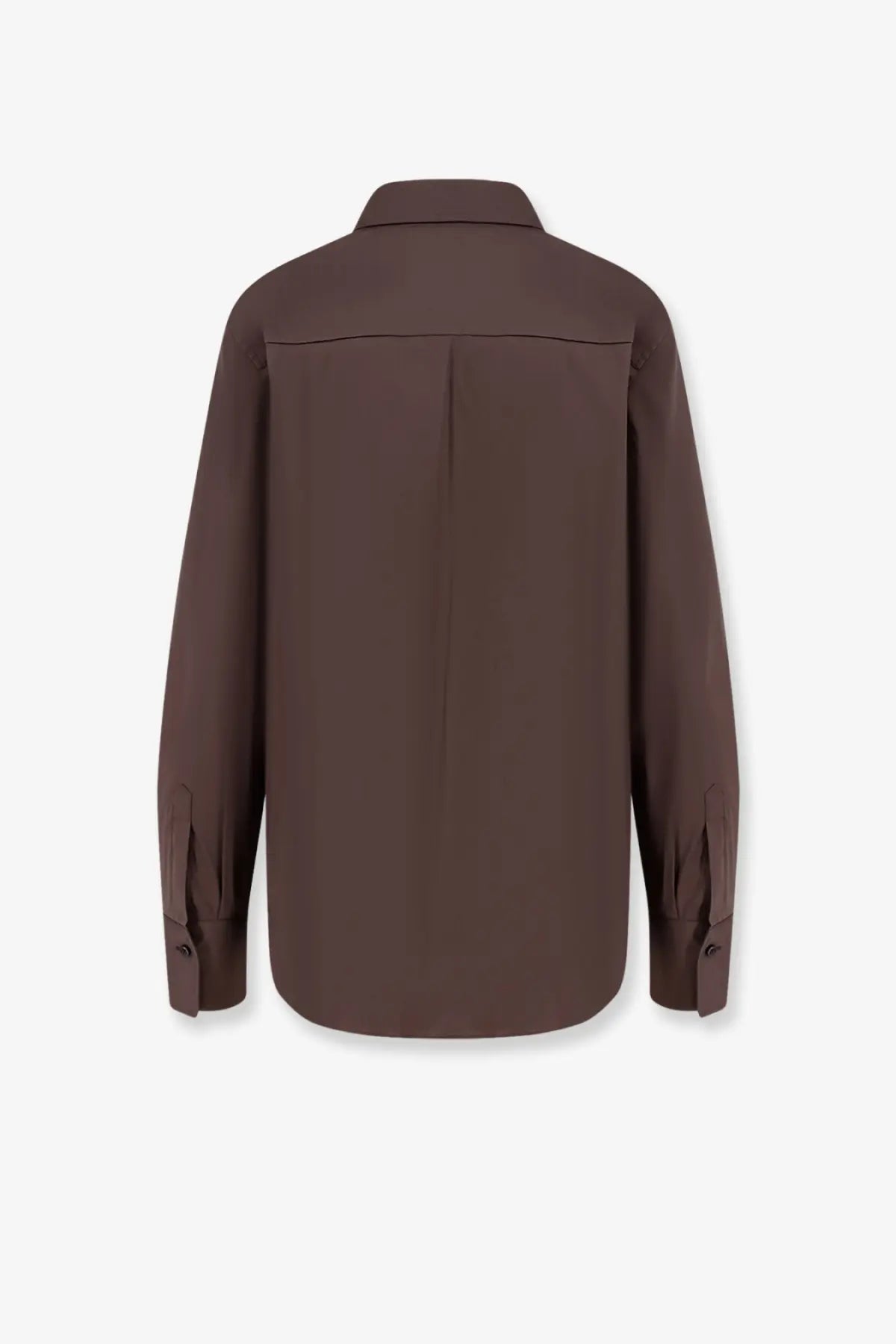 Brunello Cucinelli women’s brown long-sleeved cotton blend shirt with classic collar and subtle back pleats shown from back