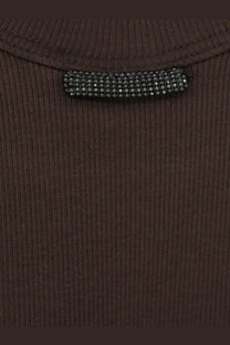 Brunello Cucinelli women’s brown ribbed knit cotton blend tank top with decorative black rhinestone bar neckline
