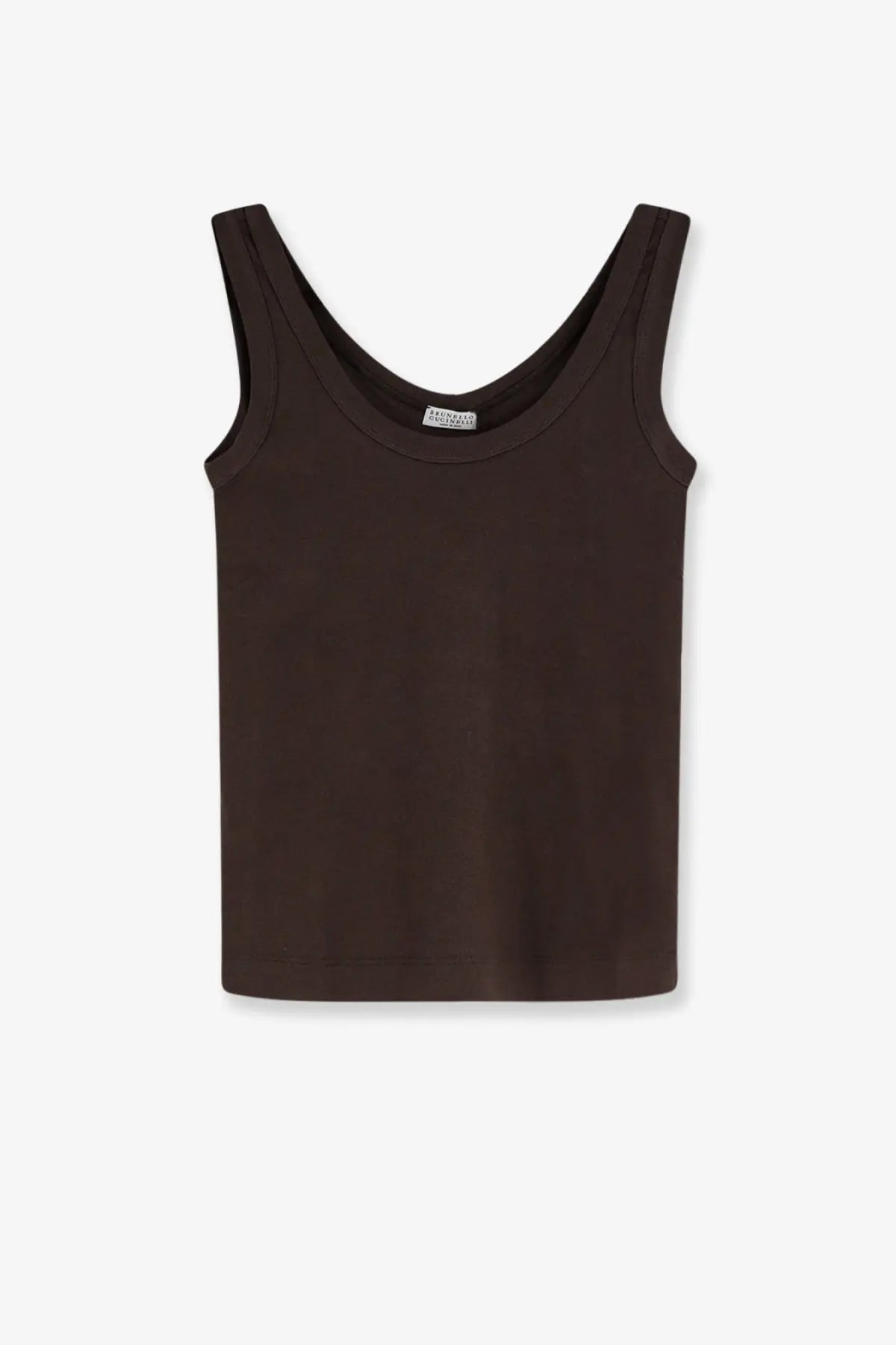 Brunello Cucinelli women’s brown sleeveless tank top in soft stretchy cotton blend with simple round neckline