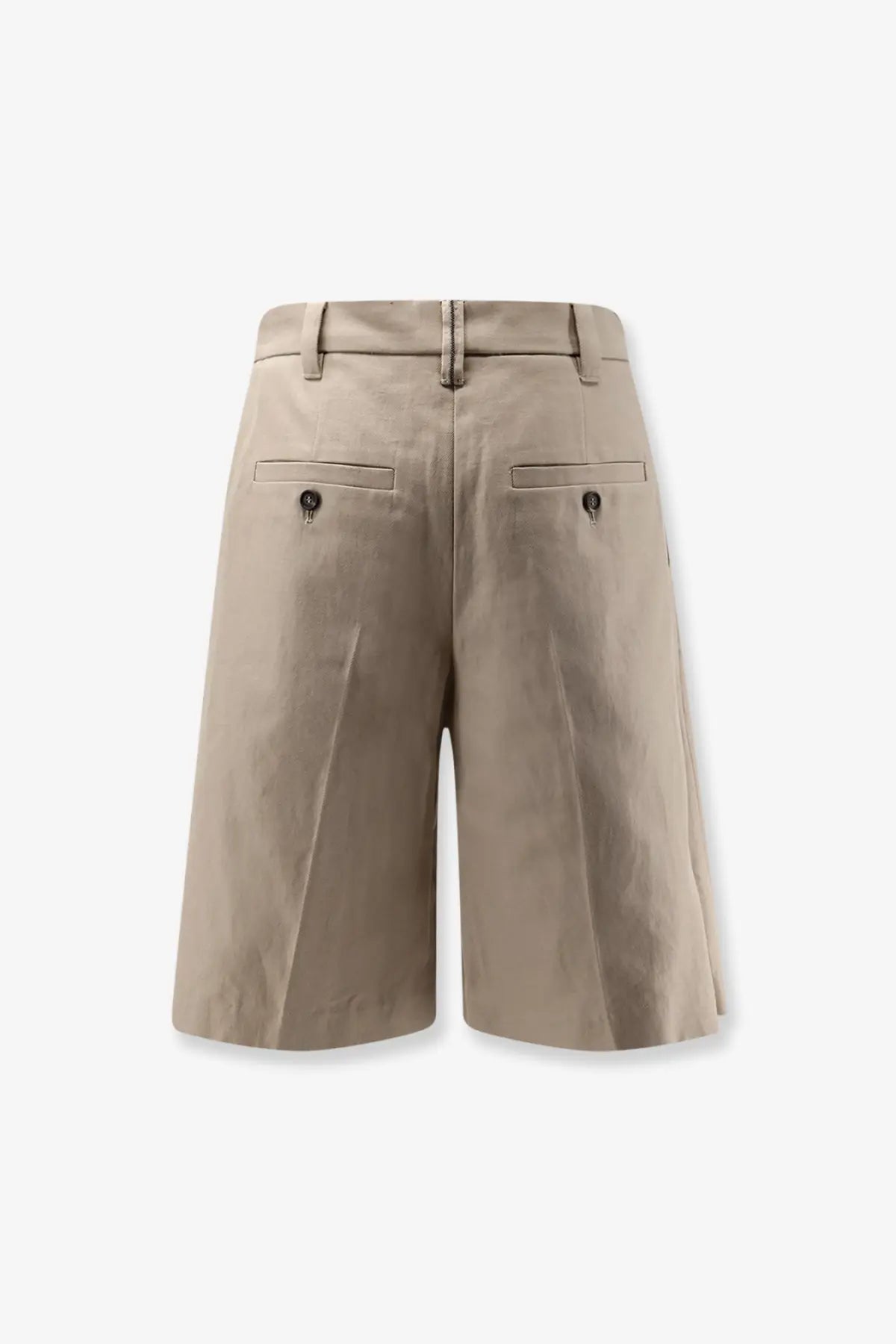 Beige brunello cucinelli women’s tailored cotton and linen chino shorts with buttoned back pockets and belt loops back view