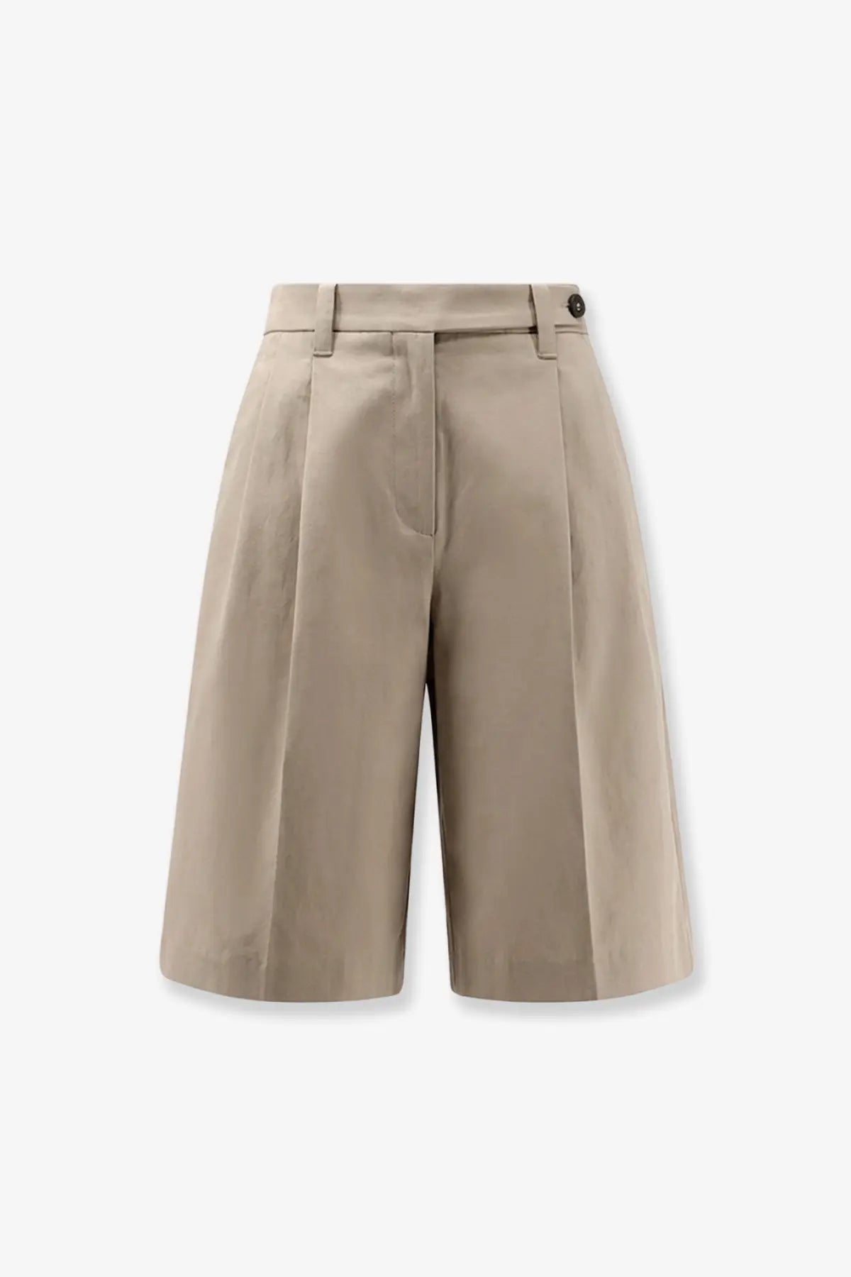 Beige cotton and linen pleated shorts for women by brunello cucinelli with tailored waistband and button closure