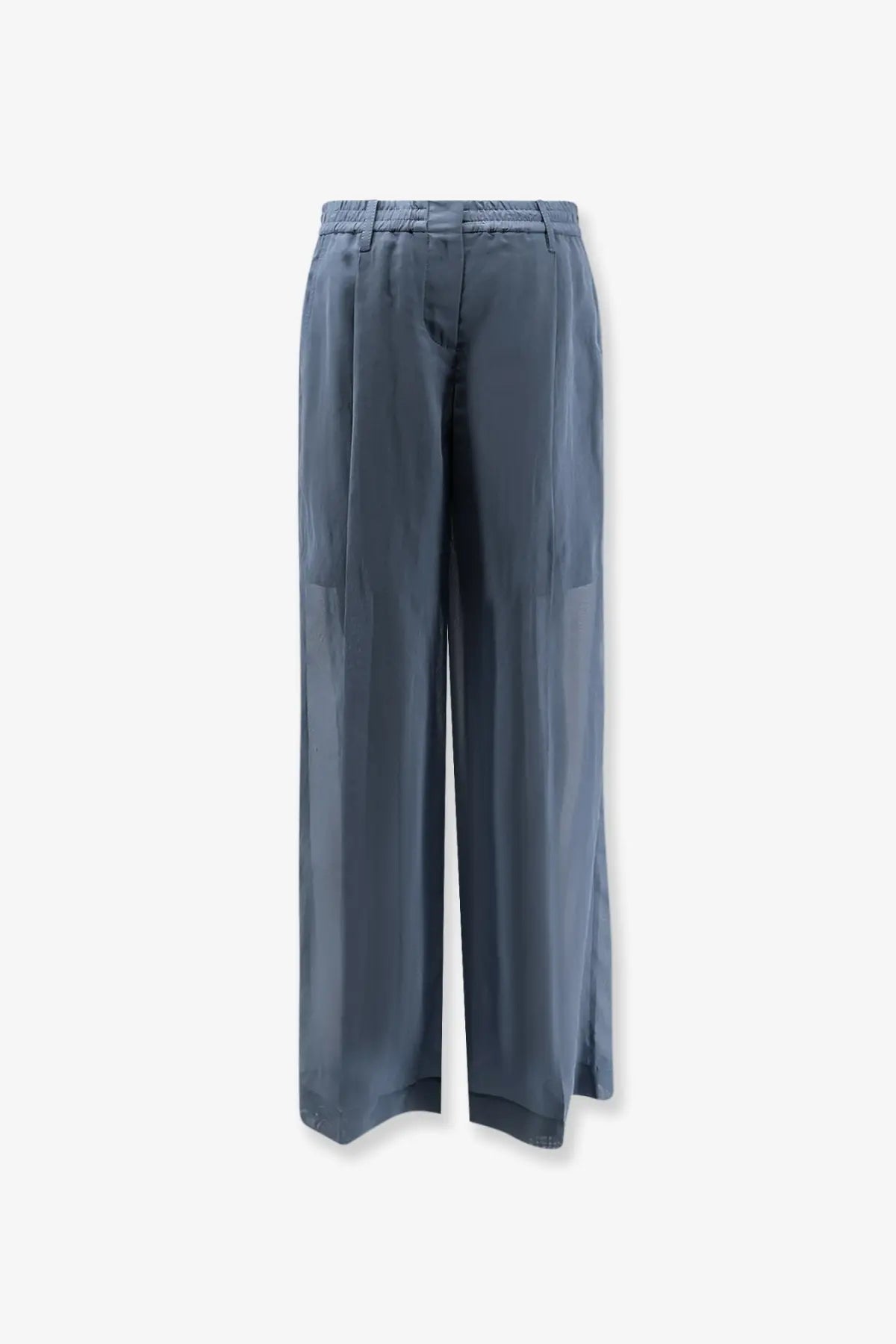 Brunello Cucinelli women’s wide-leg cotton trousers in dark gray with elastic waistband and subtle pleats