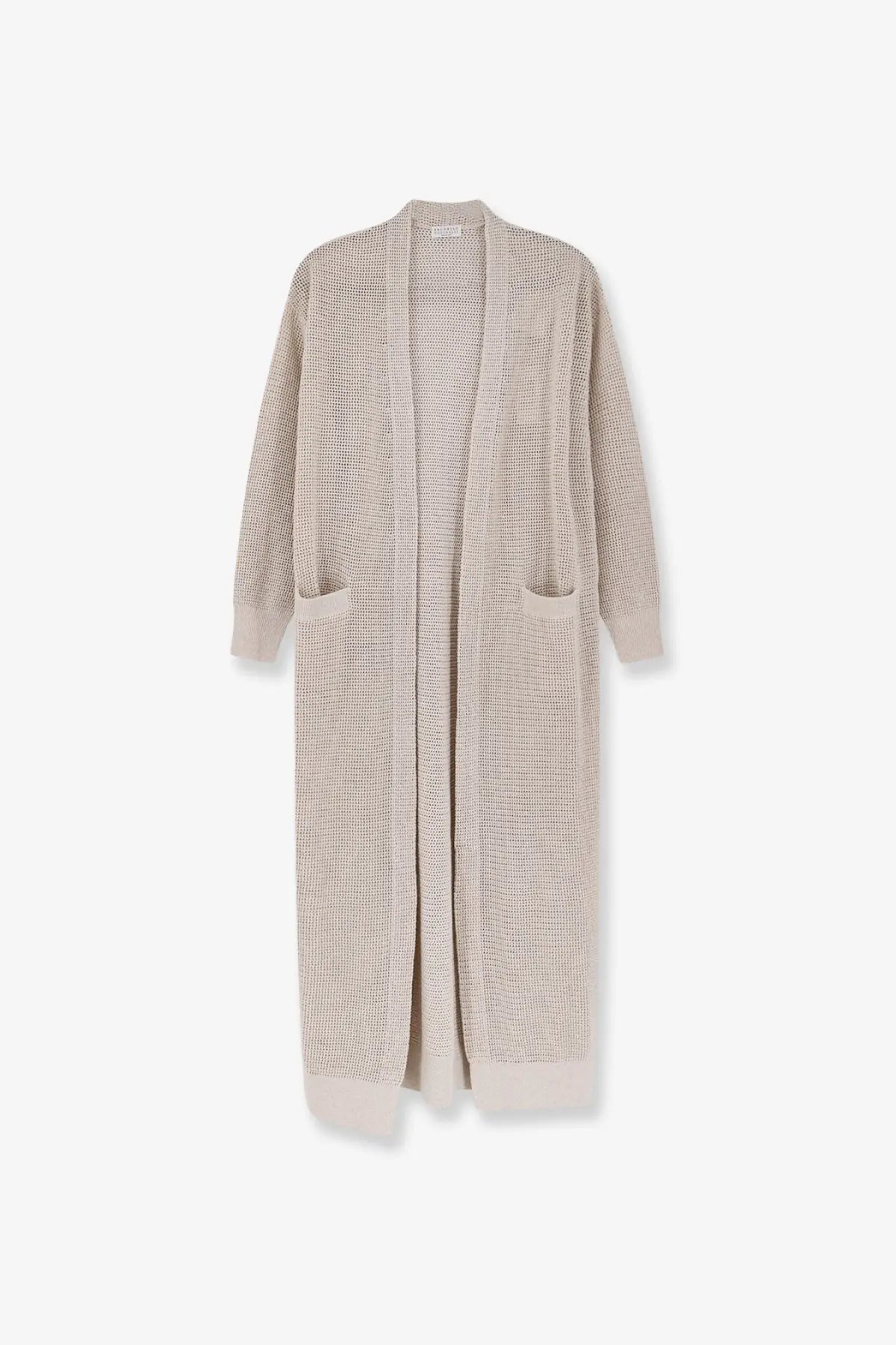 Beige waffle-knit long cardigan with cotton and viscose blend featuring long sleeves and front pockets by Brunello Cucinelli