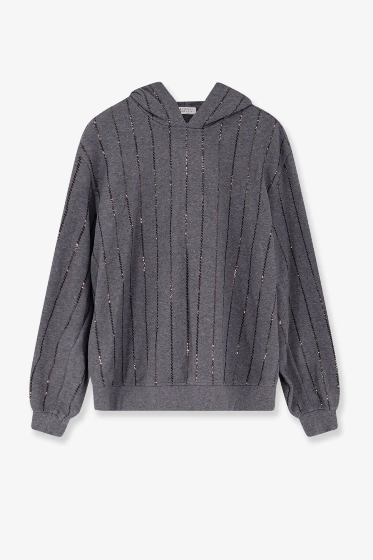 Brunello Cucinelli women’s gray cotton hoodie with vertical shimmering sequin stripes for a dazzling look