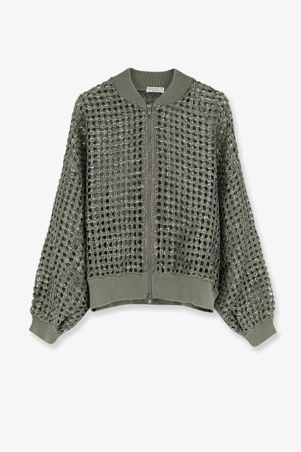 Brunello cucinelli women’s olive green mesh bomber jacket with subtle shimmer ribbed cuffs silk and linen blend