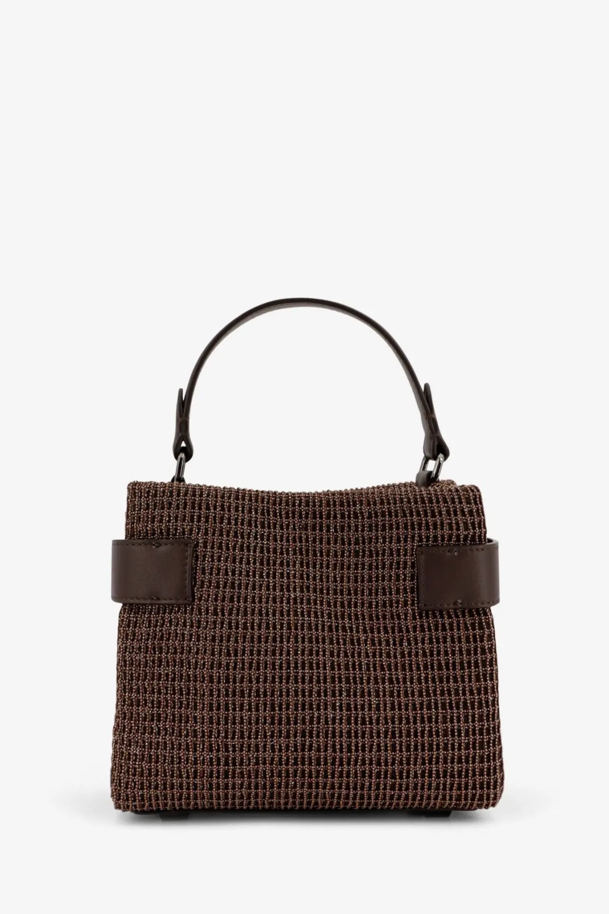 Brunello Cucinelli women’s essence riding leather crossbody bag in brown woven leather with black leather handle and accents