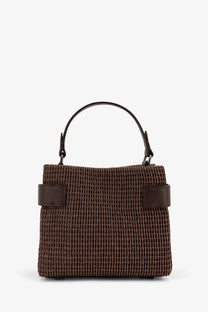Brunello Cucinelli women’s essence riding leather crossbody bag in brown woven leather with black leather handle and accents