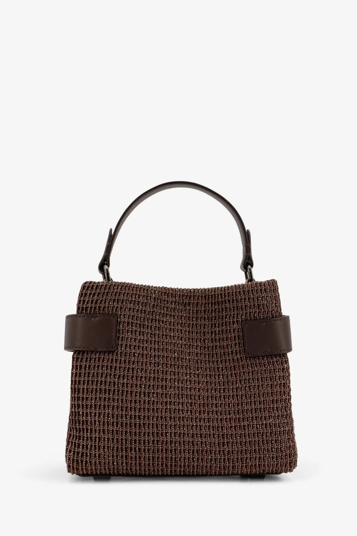 Brown woven handbag with dark brown leather accents and curved top handle brunello cucinelli essence riding bag gold