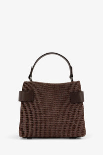 Brown woven handbag with dark brown leather accents and curved top handle brunello cucinelli essence riding bag gold