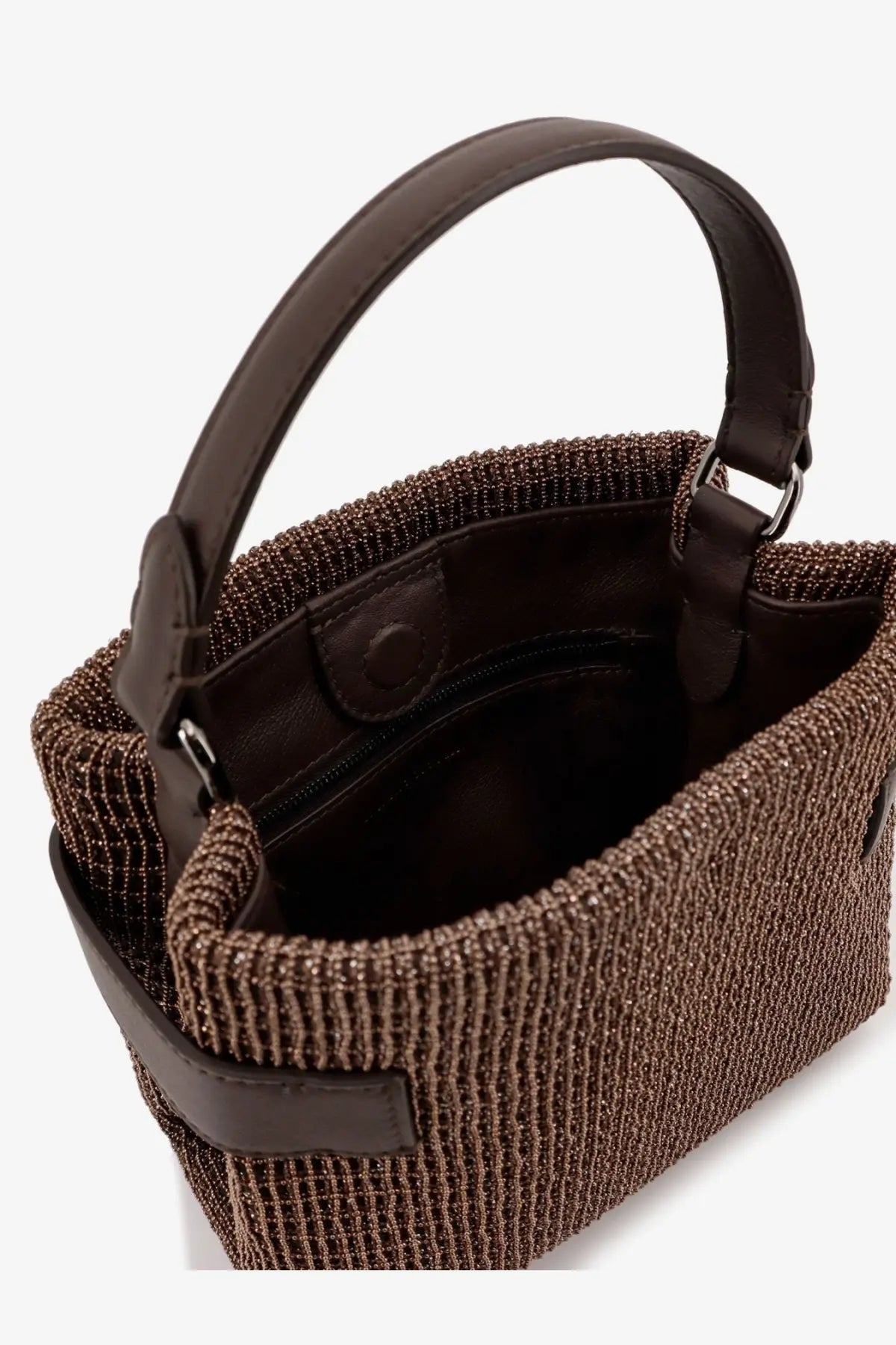 Brunello Cucinelli women’s essence riding leather crossbody bag in brown woven beads with leather handle and trim