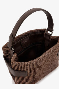 Brunello Cucinelli women’s essence riding leather crossbody bag in brown woven beads with leather handle and trim