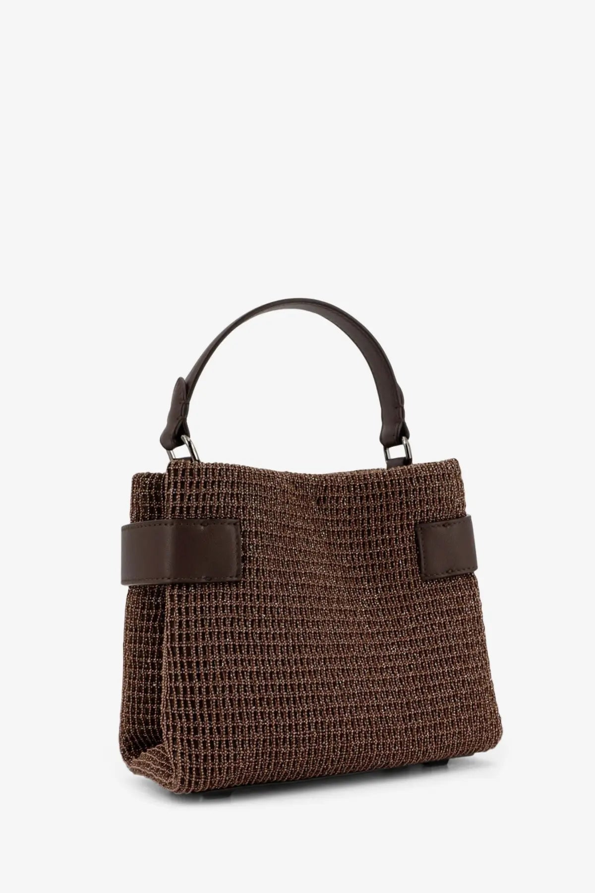 Brunello Cucinelli women’s essence riding crossbody bag in brown woven leather with dark brown handles and strap accents