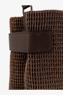 Brunello Cucinelli women’s essence riding leather crossbody bag in brown beaded mesh with smooth leather strap accent