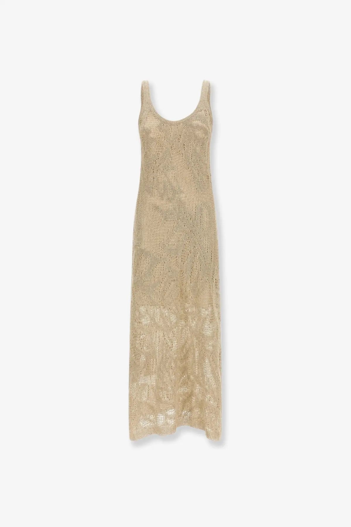 Brunello Cucinelli women’s beige knitted linen and cotton long dress with gold toned crochet and thin straps