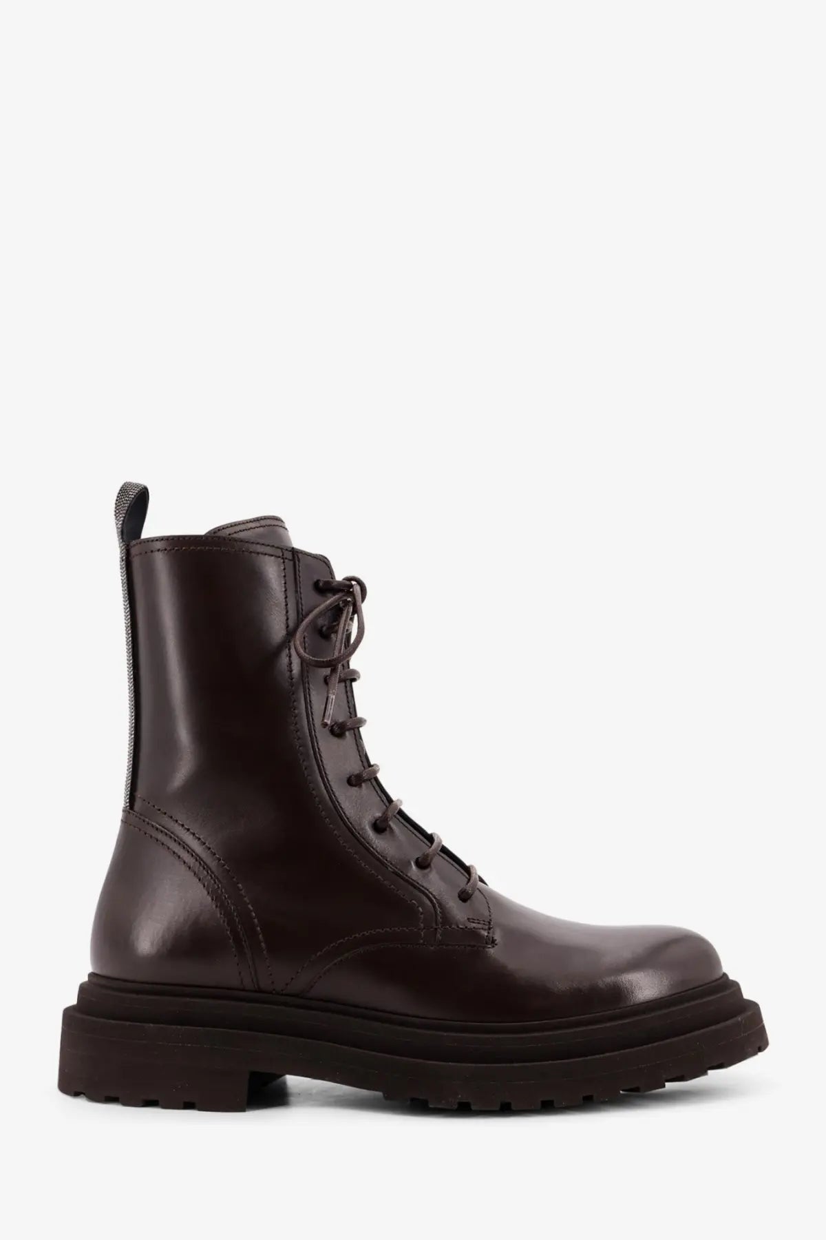 Dark brown leather brunello cucinelli women’s combat ankle boot with laces and chunky sole