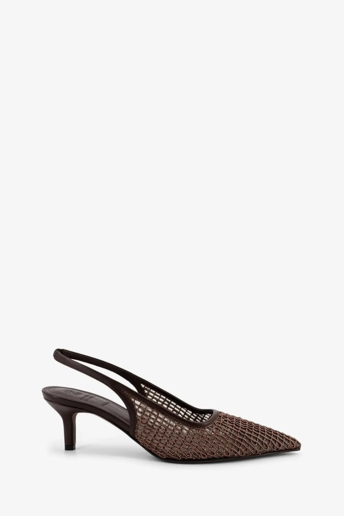 Brunello Cucinelli women’s leather écolletté gold brown mesh slingback heel with pointed toe and black leather accents