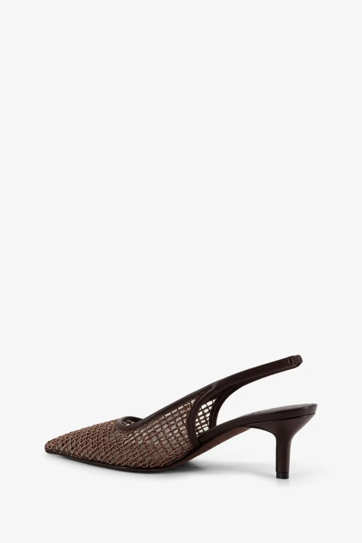 Brunello cucinelli womens leather écotté gold brown woven mesh slingback heel with pointed toe and leather accents