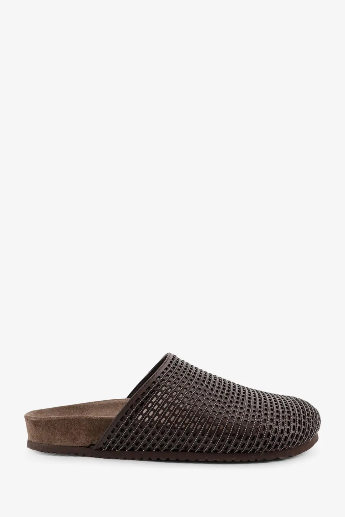 Brunello Cucinelli women’s black leather sandals with brown suede mule slip-on design and woven mesh upper