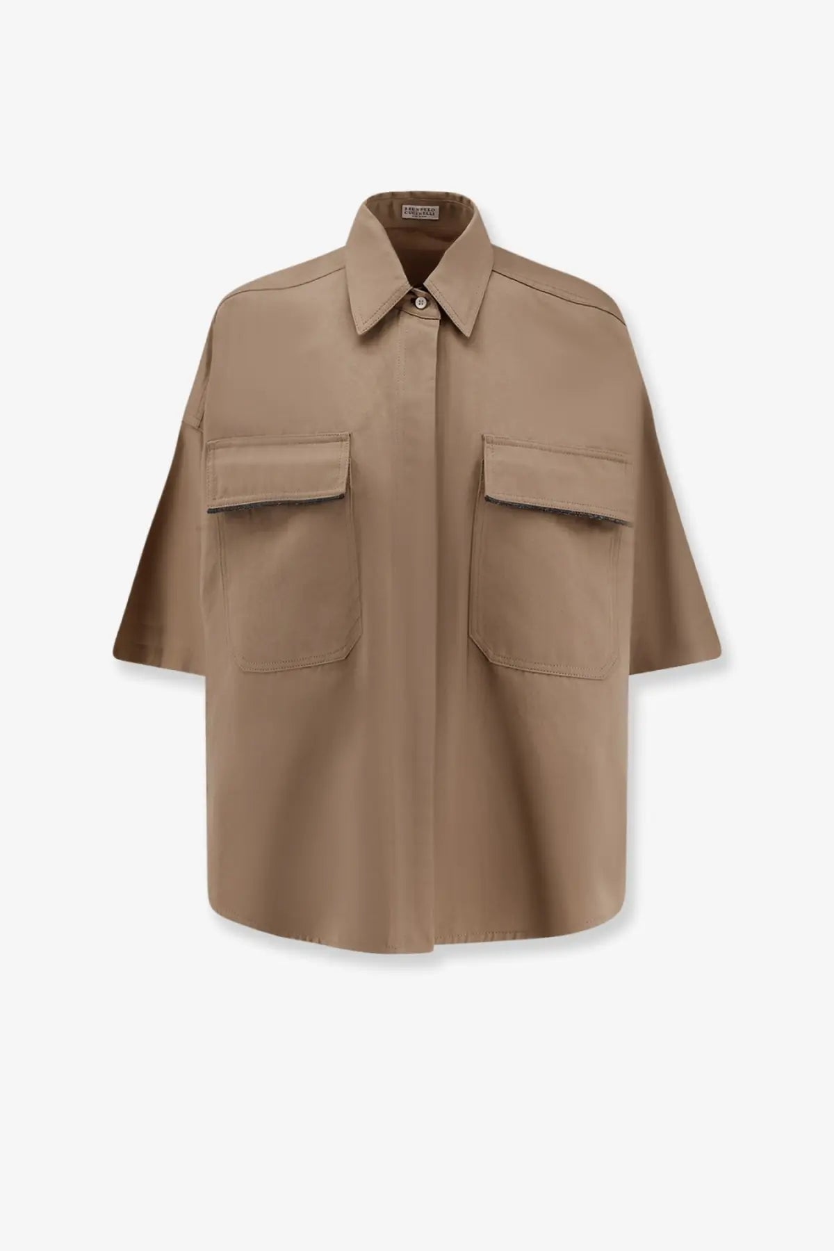 Brunello Cucinelli women’s beige oversized button-up shirt with short sleeves two front patch pockets linen cotton blend