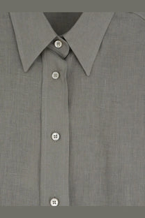 Brunello Cucinelli women’s gray linen button-down shirt with silver toned buttons in a relaxed fit design