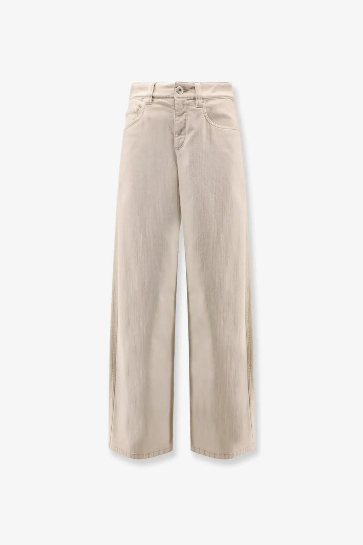 Beige wide-leg denim trousers with straight cut and subtle vertical stitching from Brunello Cucinelli women’s collection