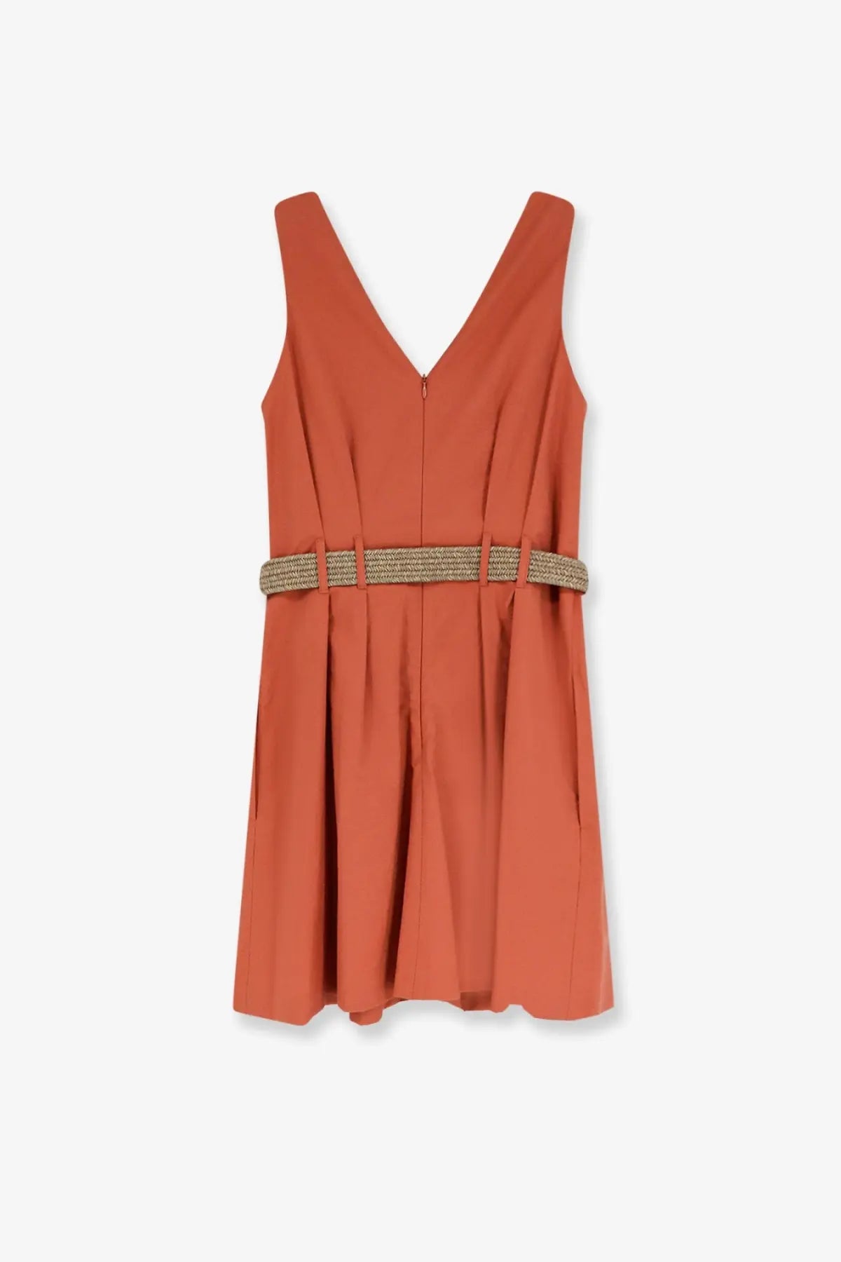 Brunello Cucinelli women’s sleeveless terracotta mini dress with v-neckline pleated skirt and woven belt