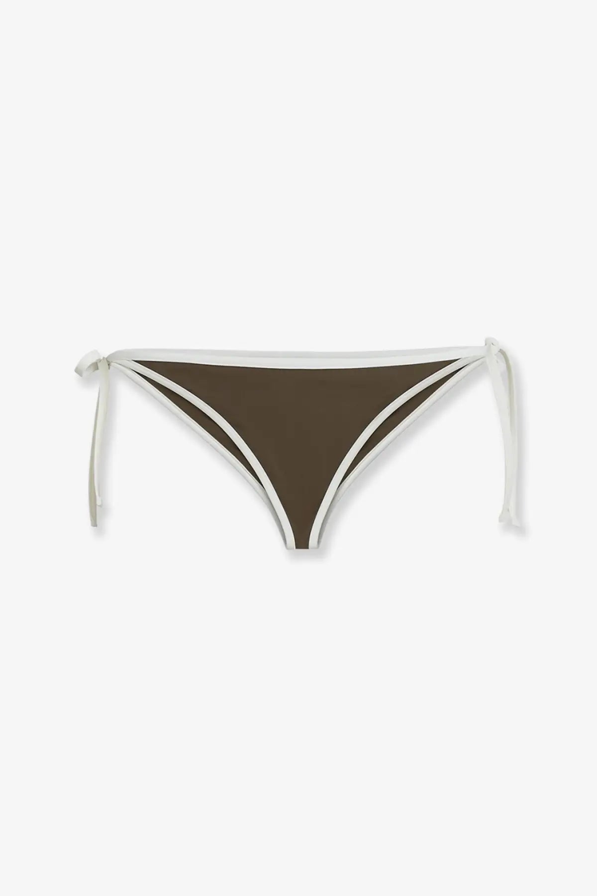 Brunello Cucinelli women’s nylon brown triangle bikini bottom with white trim and matching side ties front view