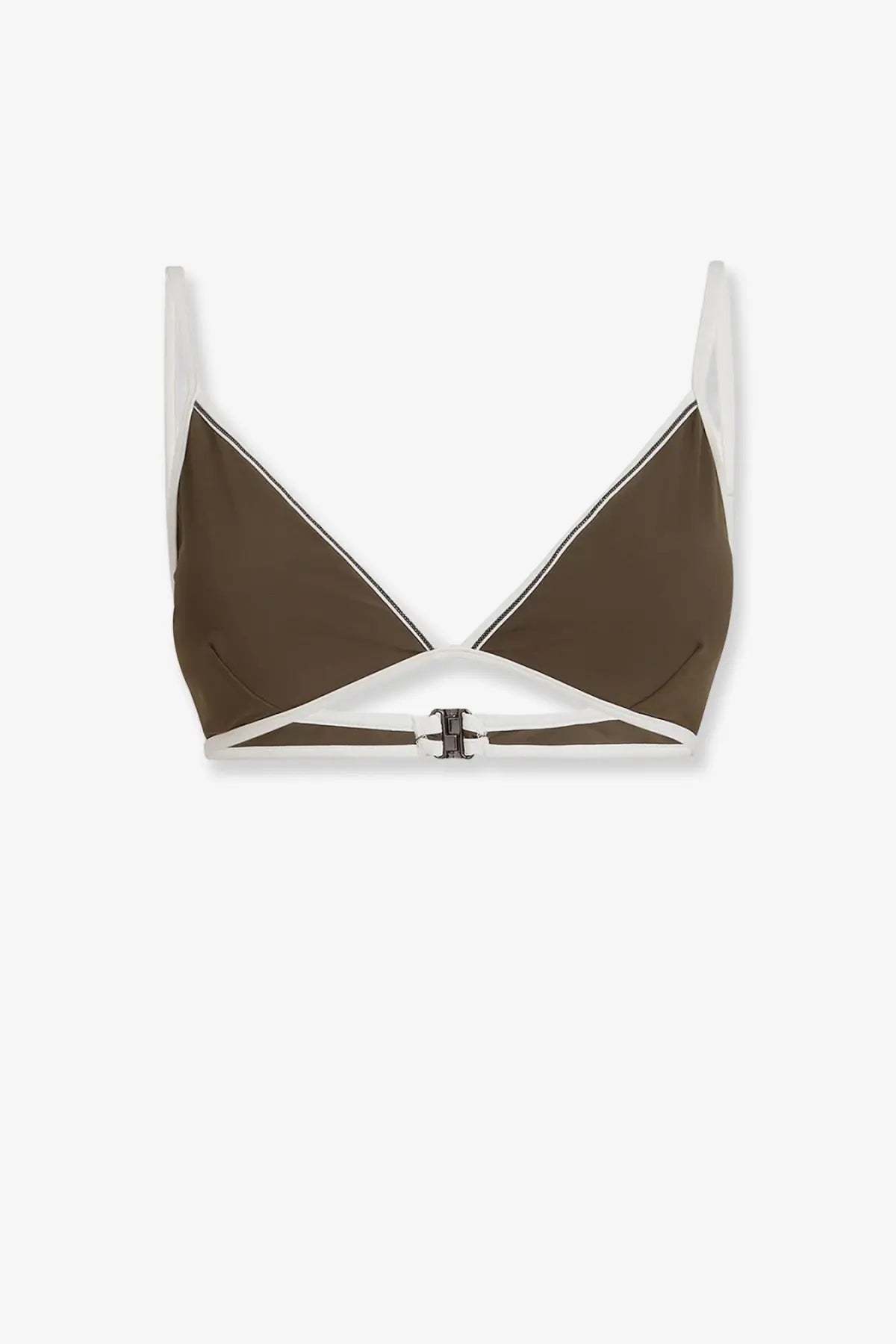 Brunello cucinelli women’s nylon bikini top in brown and white with a central metallic clasp