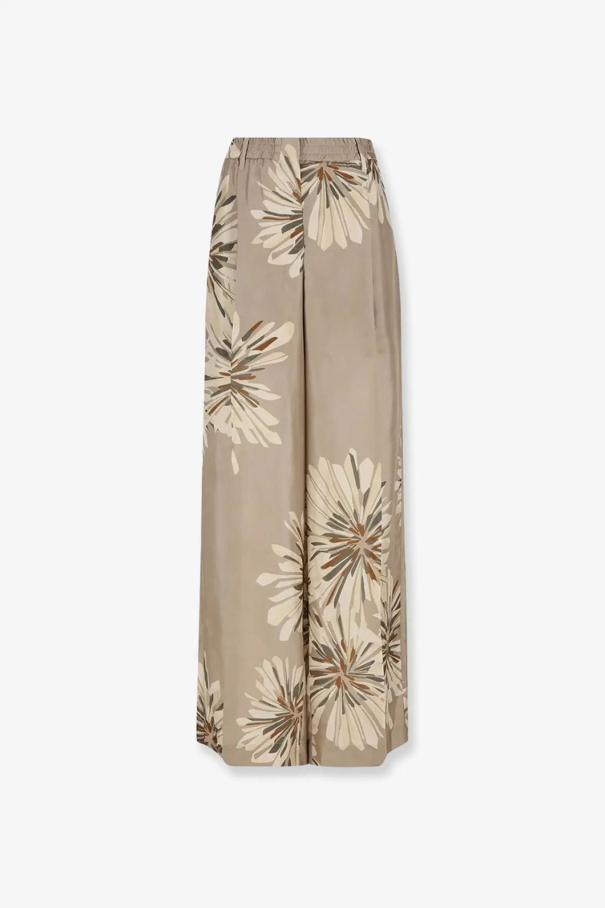 Brunello Cucinelli women’s beige wide-leg silk trousers with flowing fabric and cream and muted brown floral print